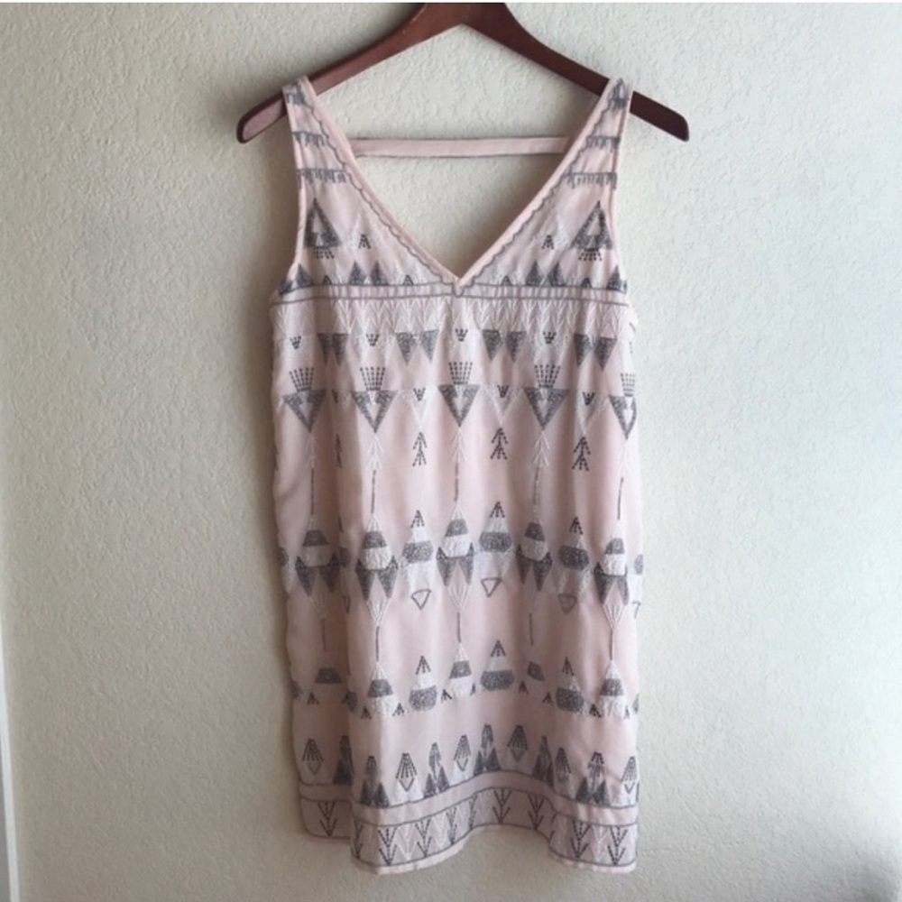Free People FRANCES BEAN Pale Pink Crepe Beaded Embroidered Tunic Dress Size M - Picture 5 of 9